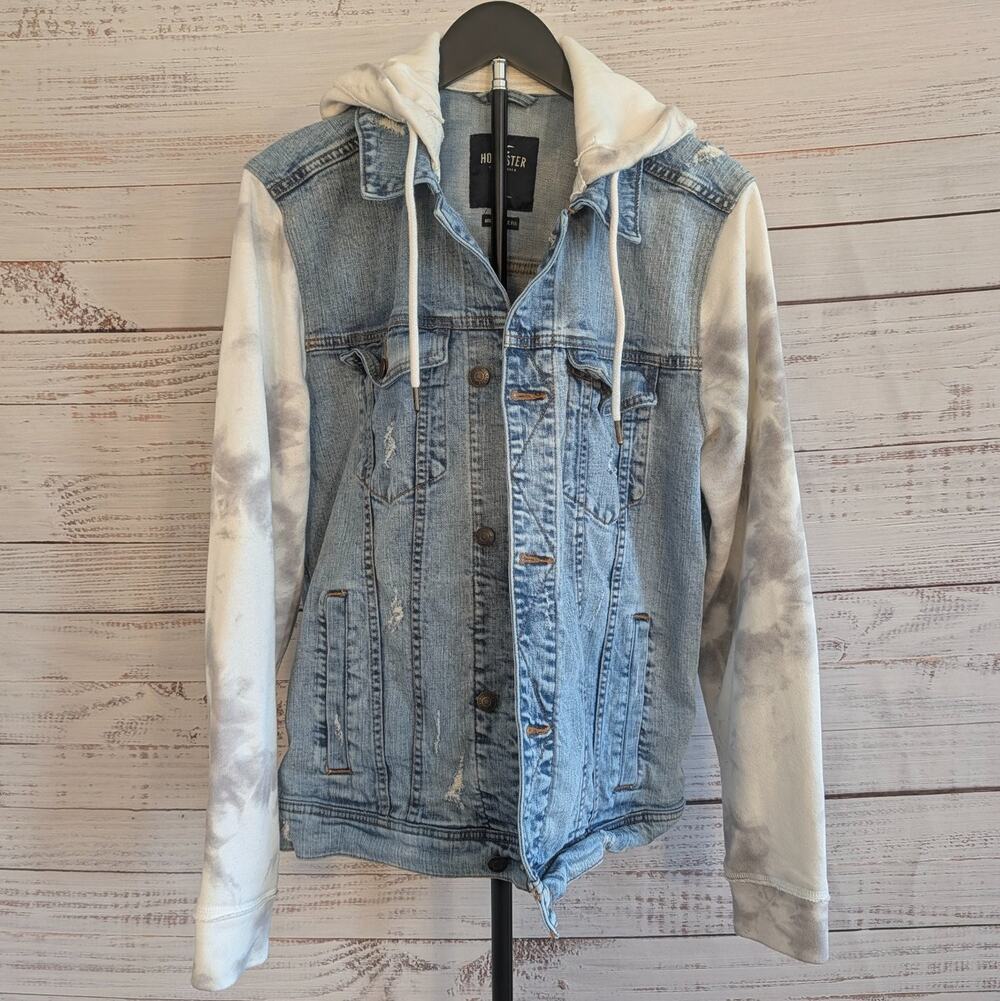 Hollister Denim Jacket Mens L Blue Bleach Tie Dye Fleece Hooded Trucker Coat L
